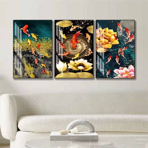 Tranh treo tường phong thủy phòng khách cửu ngư hoa sen mẫu 873