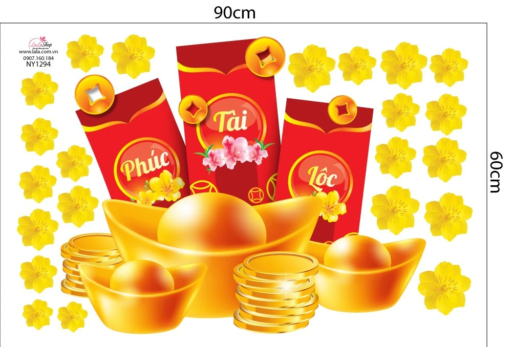 Decal Trang Trí Tết Giáp Thìn Lì Xì Đỏ Và Tiền Vàng