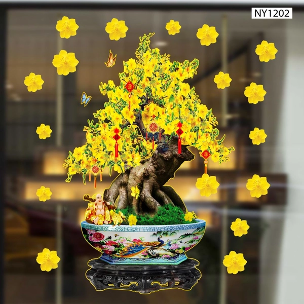 Decal Trang Trí Tết Chậu Cây Mai Vàng Nở Rộ