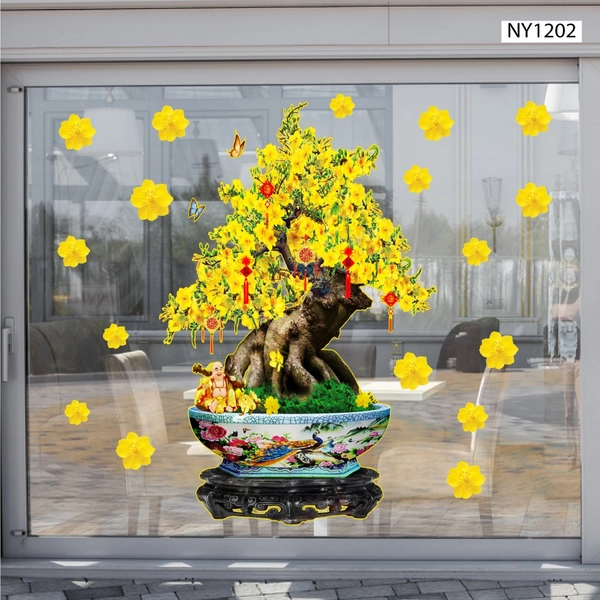 Decal Trang Trí Tết Chậu Cây Mai Vàng Nở Rộ