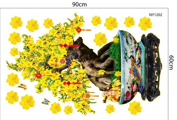 Decal Trang Trí Tết Chậu Cây Mai Vàng Nở Rộ