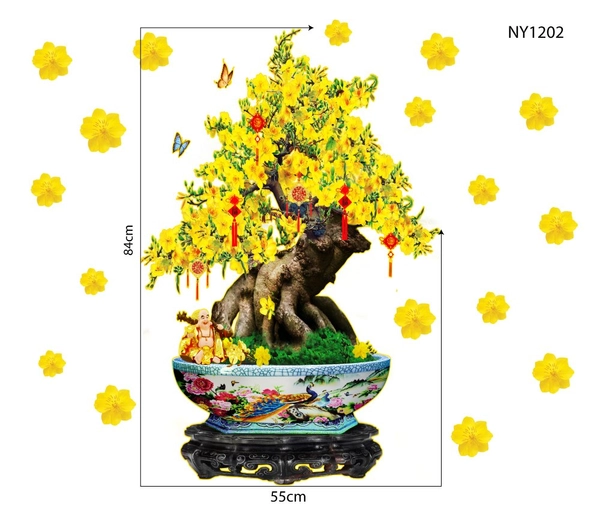 Decal Trang Trí Tết Chậu Cây Mai Vàng Nở Rộ