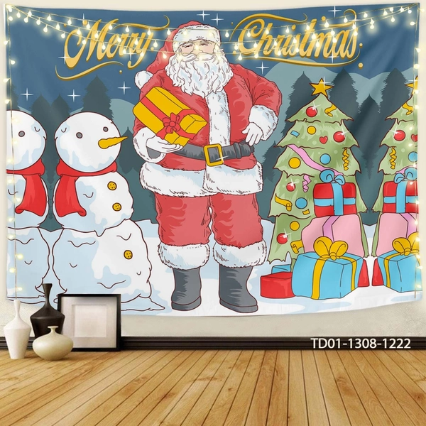 Tranh Vải Treo Tường Trang Trí Ông Già Noel Tặng Quà Và Người Tuyết
