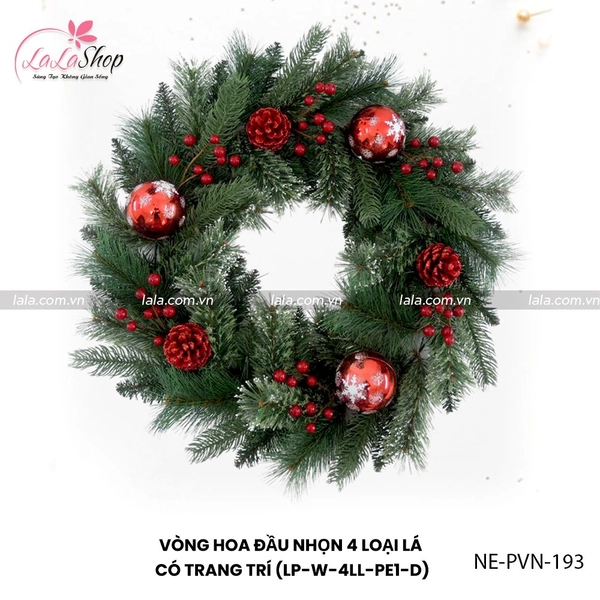 Vòng Nguyệt Quế Noel 4 Loại Lá Gắn Trái Châu kèm đèn LED