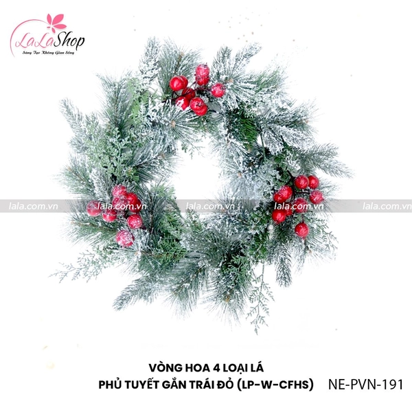 Vòng Nguyệt Quế Noel Phủ Tuyết Gắn Trái Đỏ kèm đèn LED