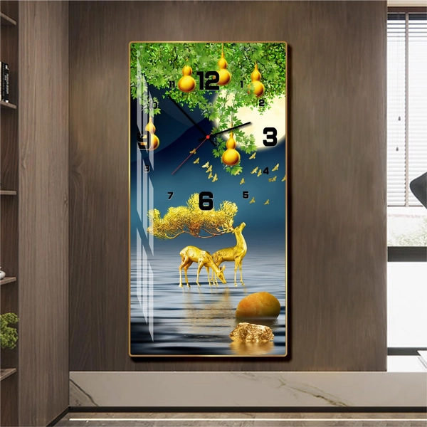 Tranh đồng hồ tráng gương pha lê hươu nghệ thuật hiện đại mẫu 591