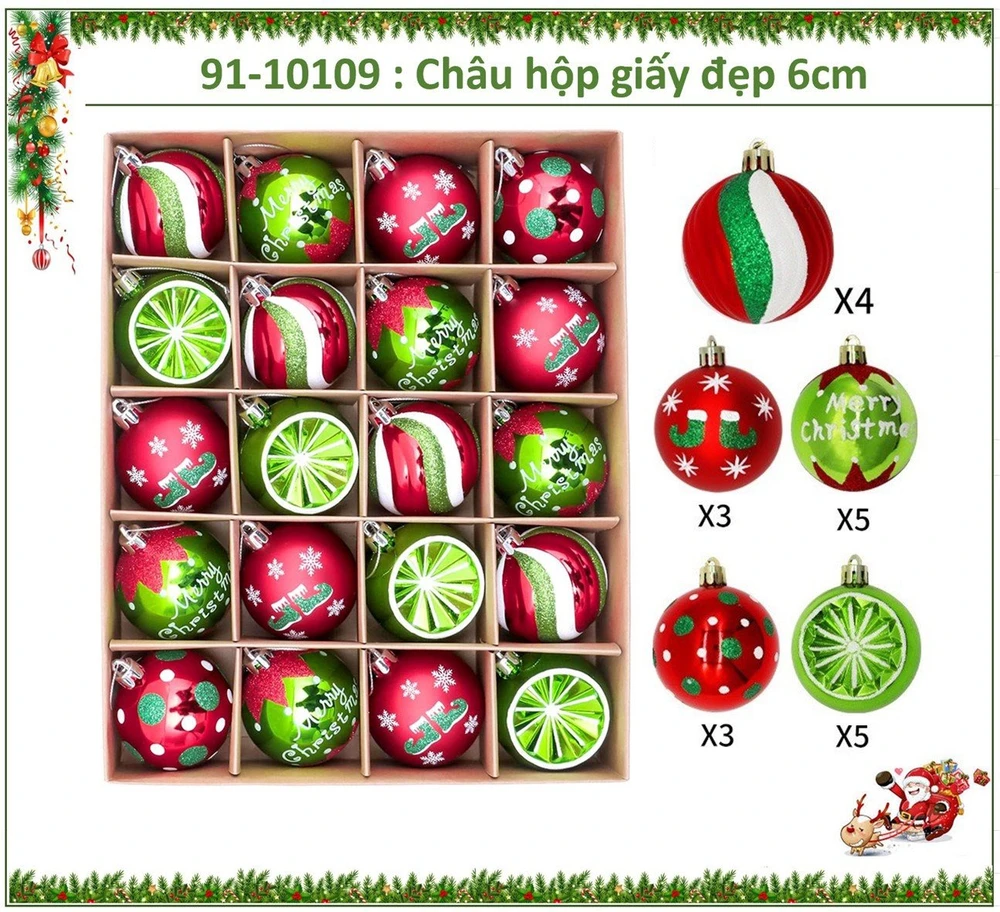 Hộp 20 quả châu nhiều họa tiết màu sắc trang trí cây thông giáng sinh 266