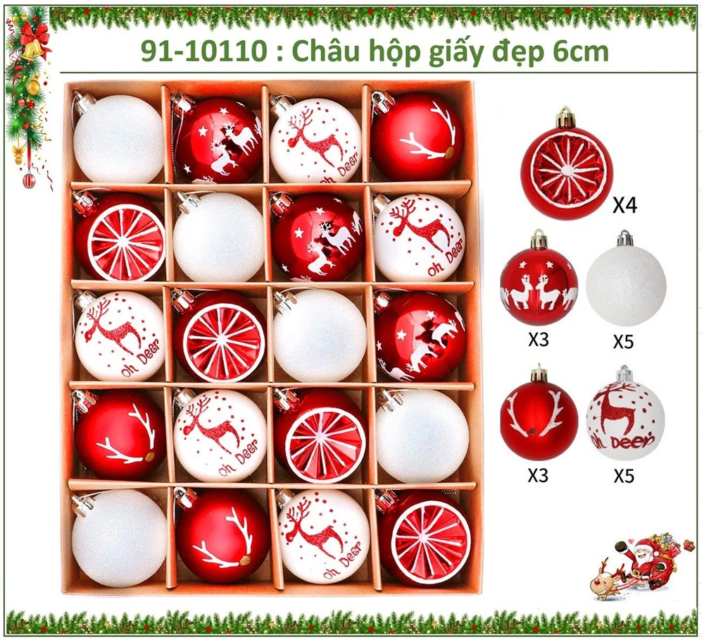 Hộp 20 quả châu nhiều họa tiết sắc trắng tuyết trang trí cây thông giáng sinh 271