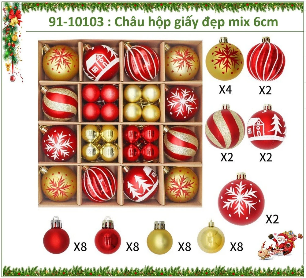 Hộp 44 quả châu nhiều họa tiết màu sắc trang trí cây thông giáng sinh 266