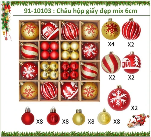 Hộp 44 quả châu nhiều họa tiết màu sắc trang trí cây thông giáng sinh 266