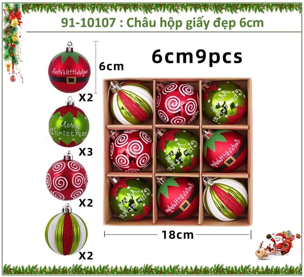 Hộp 9 quả châu 6cm nhiều họa tiết màu sắc trang trí cây thông giáng sinh 268
