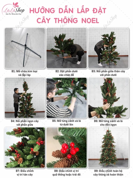 Cây thông noel 3 loại lá gắn trái đỏ