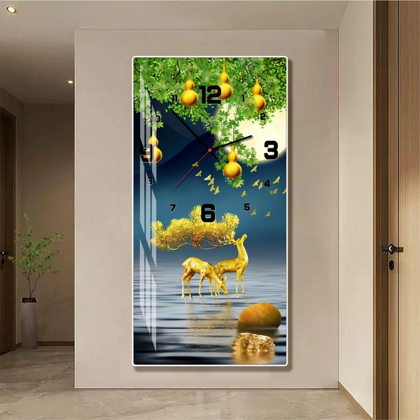 Tranh đồng hồ tráng gương pha lê hươu nghệ thuật hiện đại mẫu 591