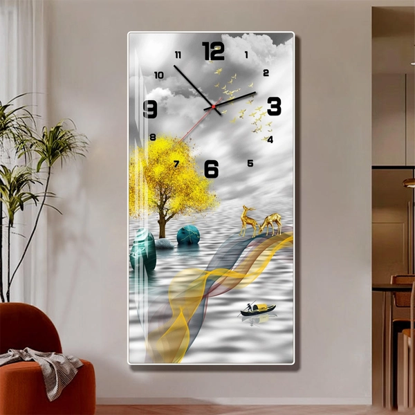 Tranh đồng hồ tráng gương pha lê hươu nghệ thuật hiện đại mẫu 591