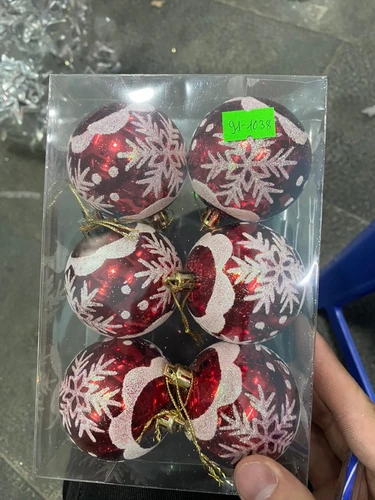 Hộp 6 quả châu đỏ 6cm họa tiết cây thông tuyết trang trí noel 263