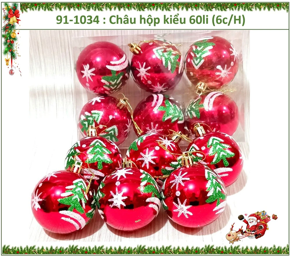 Hộp 6 châu đỏ 6cm họa tiết cây thông kim tuyến màu xanh lá