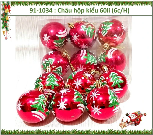 Hộp 6 châu đỏ 6cm họa tiết cây thông kim tuyến màu xanh lá