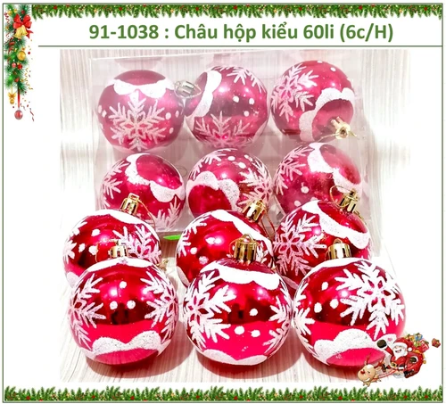 Hộp 6 quả châu đỏ 6cm họa tiết bông tuyết trang trí noel 263