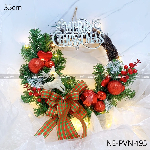 Vòng nguyệt quế 35cm treo cửa trang trí giáng sinh kèm đèn LED mẫu 195