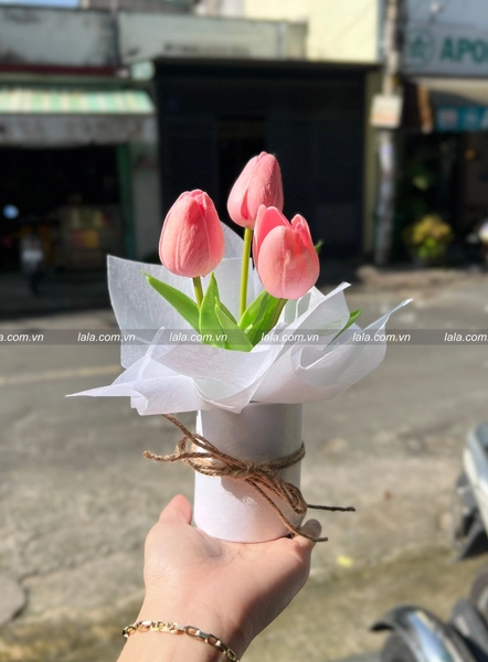 Chậu 3 bông tulip mini để bàn làm quà tặng đáng yêu 851