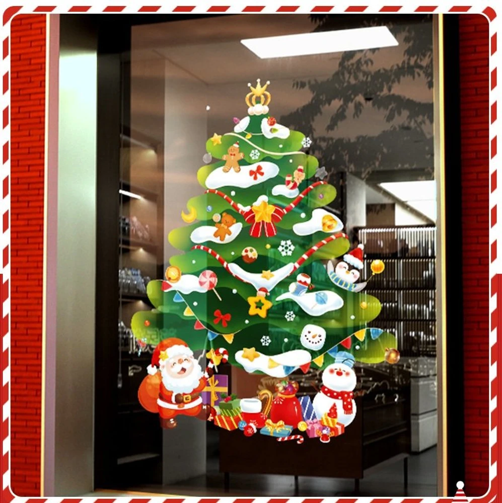 Decal tĩnh điện 2 mặt trang trí noel cây thông noel và những người bạn