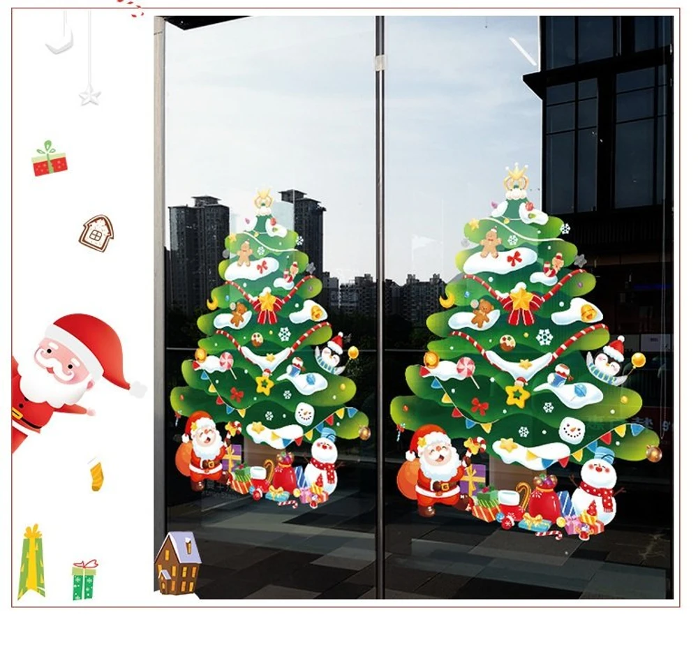 Decal tĩnh điện 2 mặt trang trí noel cây thông noel và những người bạn