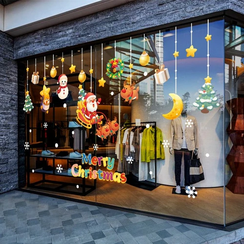 Decal tĩnh điện 2 mặt trang trí noel dây treo ông già noel cưỡi tuần lộc đón giáng sinh