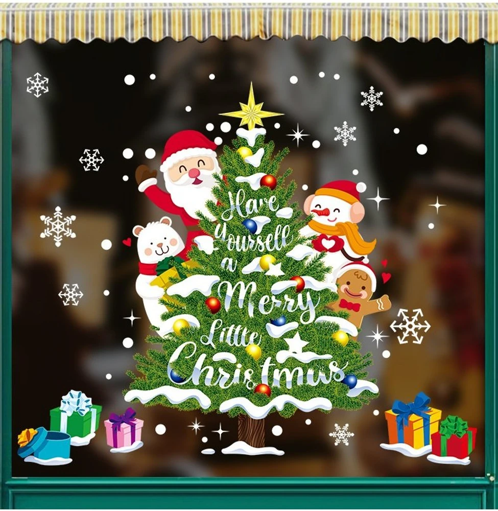 Decal tĩnh điện 2 mặt trang trí noel ông già noel và cây thông