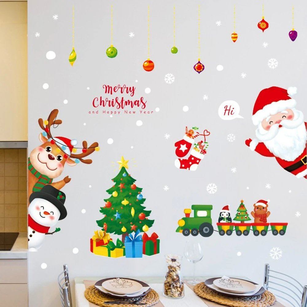 Decal trang trí noel ông già noel may mắn và những người bạn