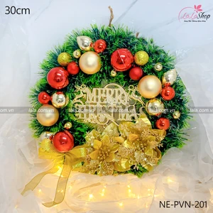 Vòng nguyệt quế 30cm treo cửa trang trí giáng sinh kèm đèn LED gam đỏ vàng