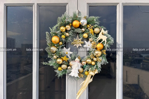 Vòng nguyệt quế tuyết 50cm treo cửa trang trí giáng sinh kèm đèn LED