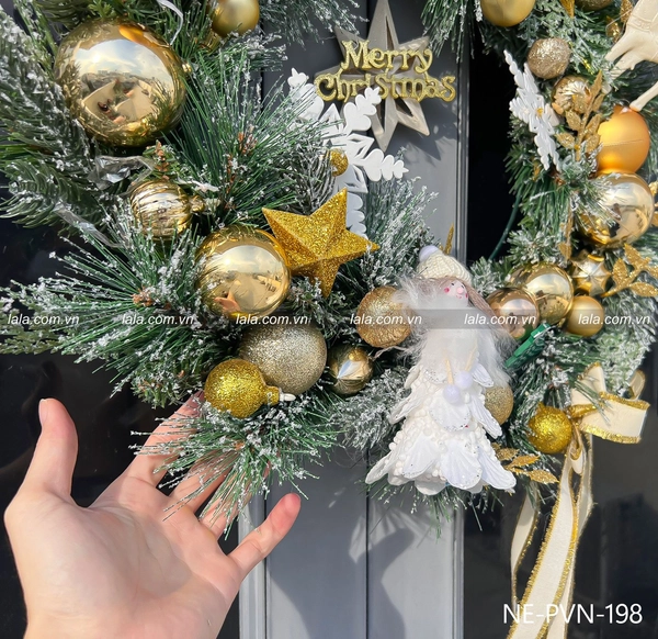 Vòng nguyệt quế tuyết 50cm treo cửa trang trí giáng sinh kèm đèn LED