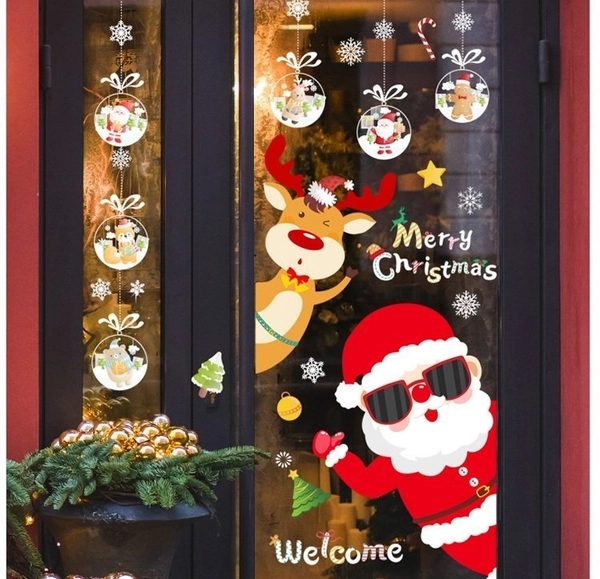 Decal Noel 2 Mặt Ông Già Noel Và Tuần Lộc Trang Trí Giáng Sinh