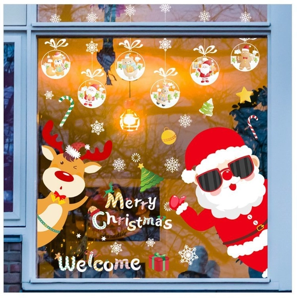 Decal Noel 2 Mặt Ông Già Noel Và Tuần Lộc Trang Trí Giáng Sinh