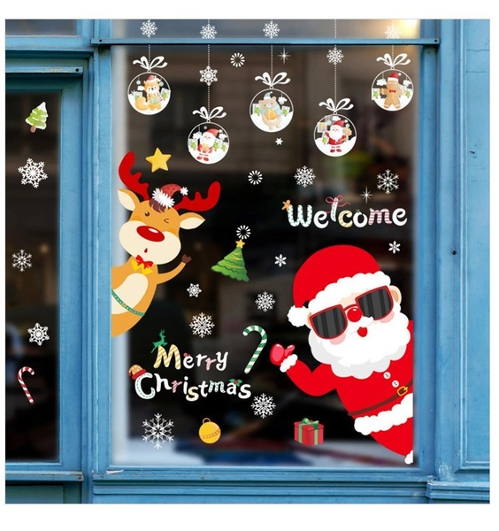 Decal Noel 2 Mặt Ông Già Noel Và Tuần Lộc Trang Trí Giáng Sinh