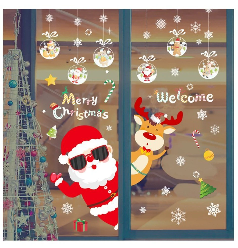 Decal Noel 2 Mặt Ông Già Noel Và tuần Lộc Trang Trí Giáng Sinh