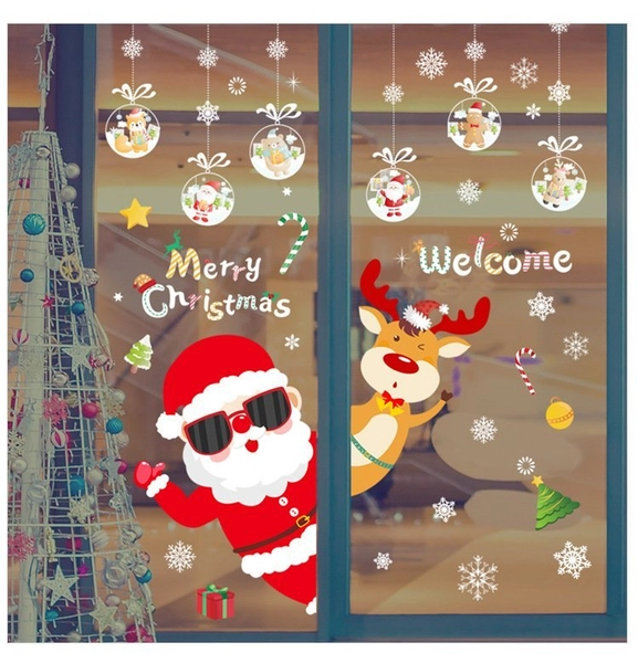 Decal Noel 2 Mặt Ông Già Noel Và Tuần Lộc Trang Trí Giáng Sinh
