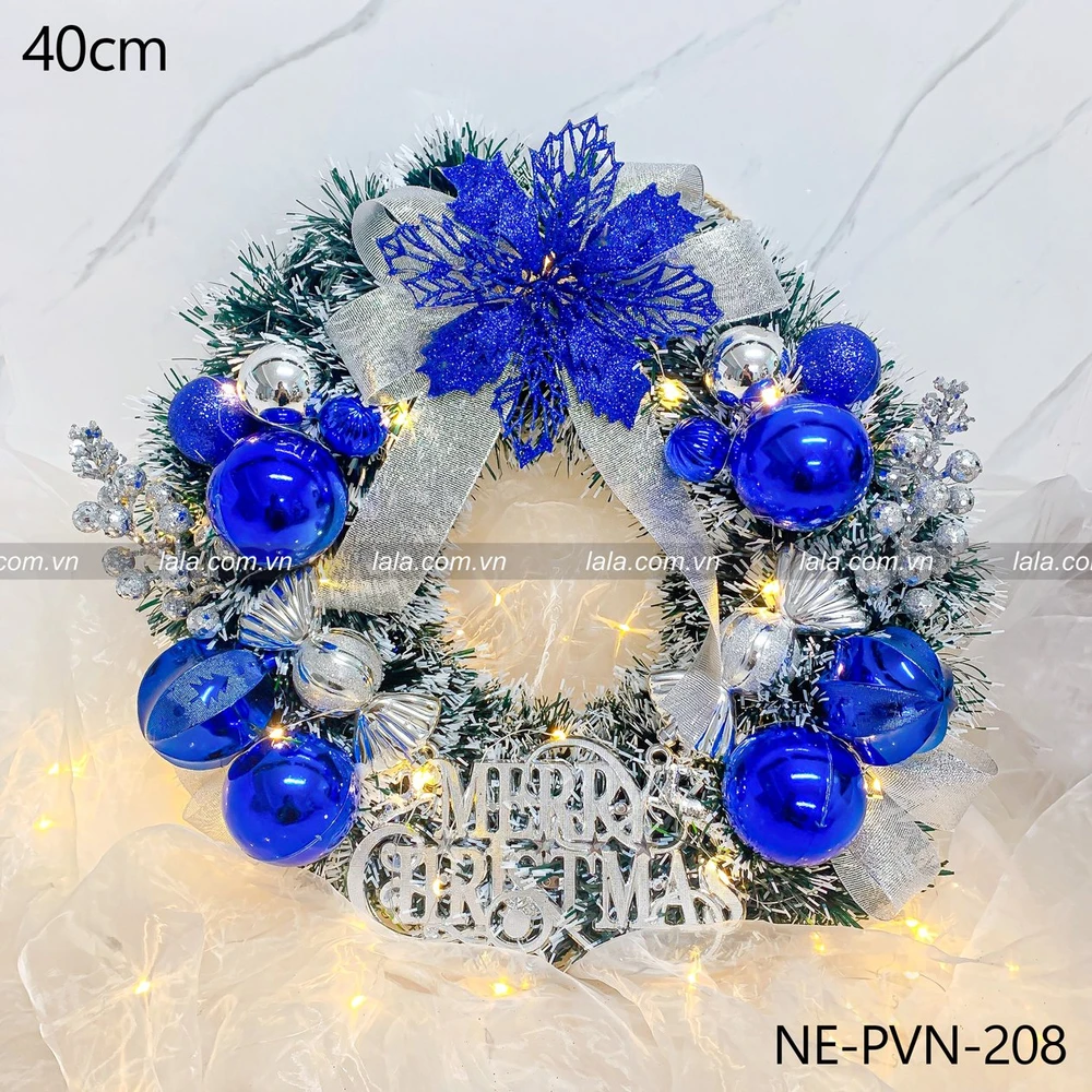 Vòng nguyệt quế 40cm treo cửa trang trí giáng sinh kèm đèn mẫu 208