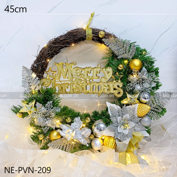 Vòng nguyệt quế 45cm treo cửa Merry Christmas kèm đèn LED trang trí giáng sinh mẫu 209