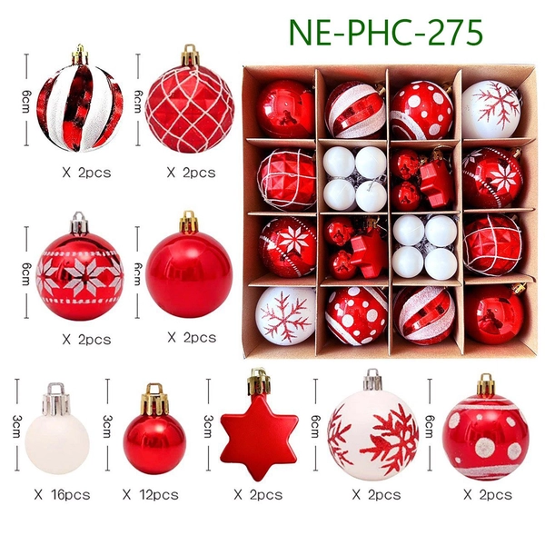 Hộp 42 châu giáng sinh đủ loại sắc đỏ trắng phủ kim tuyến 275