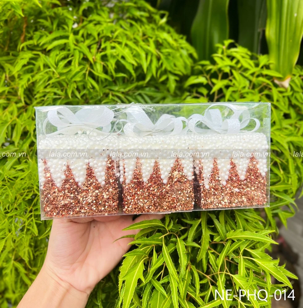 Set 3 hộp quà nâu nhỏ kim tuyến treo cây thông noel