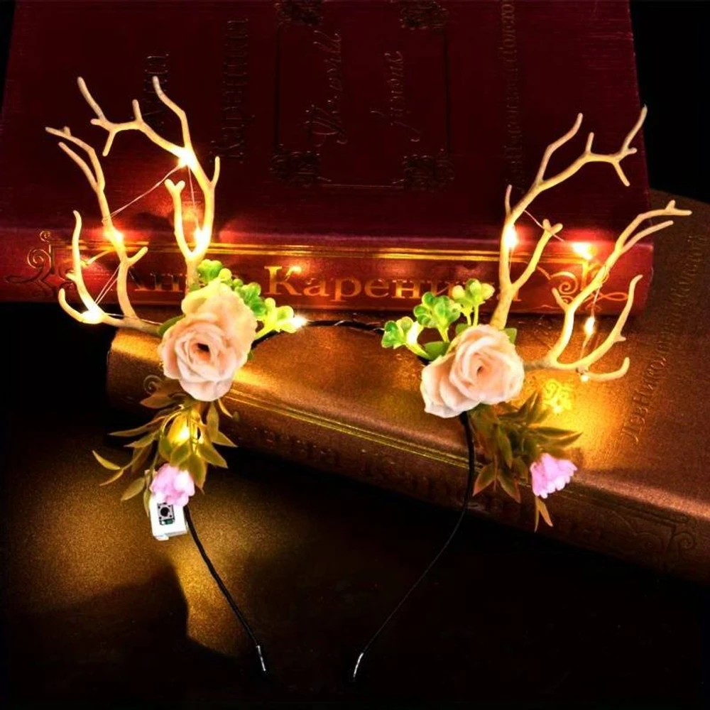 Băng đô sừng tuần lộc hoa trắng có đèn LED