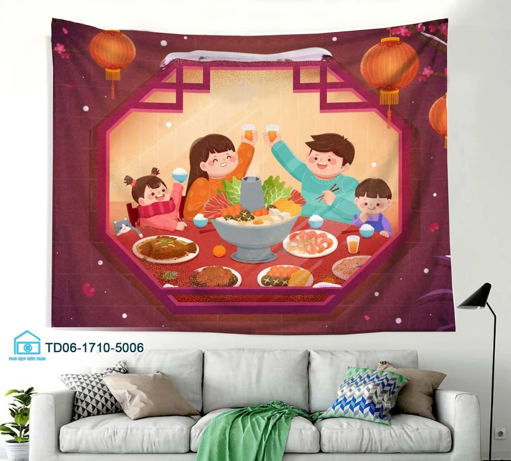 Tranh vải treo tường trang trí tết gia đình sum vầy mẫu 3