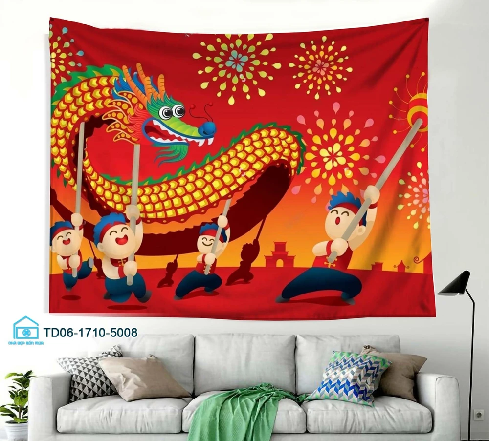 Tranh vải treo tường trang trí tết múa lân rồng