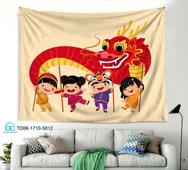 Tranh vải treo tường trang trí tết múa lân rồng
