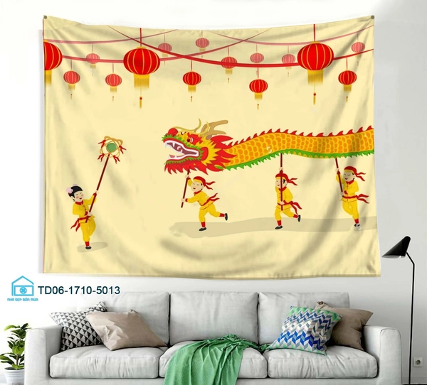 Tranh vải treo tường trang trí tết múa lân rồng