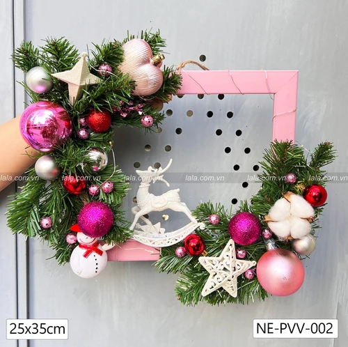 Khung lá thông 25x35cm Full phụ kiện trang trí giáng sinh Tặng kèm đèn LED