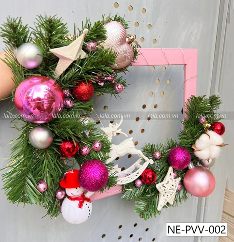 Khung lá thông 25x35cm Full phụ kiện trang trí giáng sinh Tặng kèm đèn LED