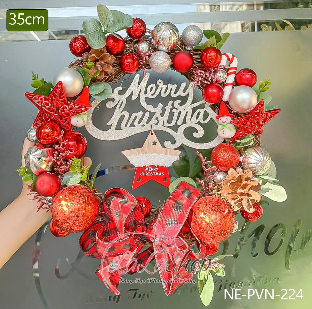 Vòng nguyệt quế 35cm treo cửa sắc đỏ cao cấp trang trí giáng sinh mẫu 224