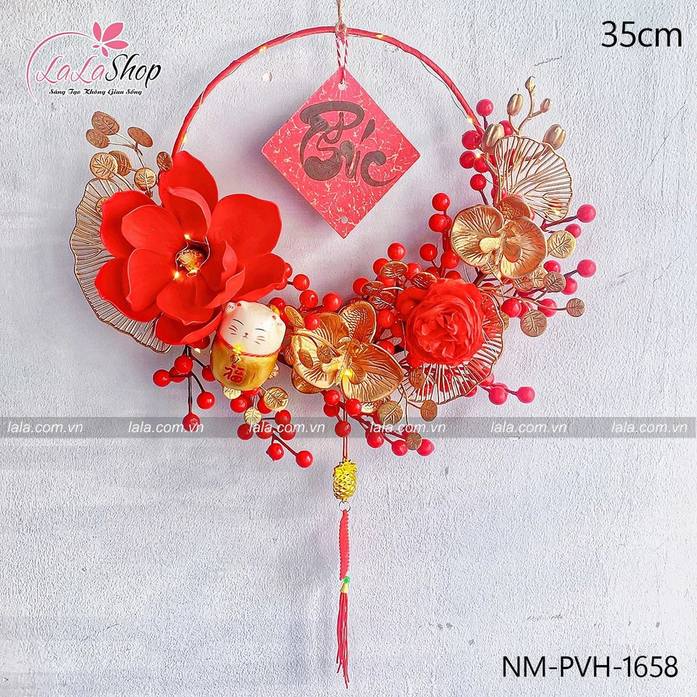 Vòng hoa thần tài 35cm treo cửa đón vận may mắn trang trí tết năm mới mẫu 658